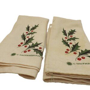 Two Vintage Christmas Napkins/ Smithsonian Institution/ Cotton/ Holly Leaves